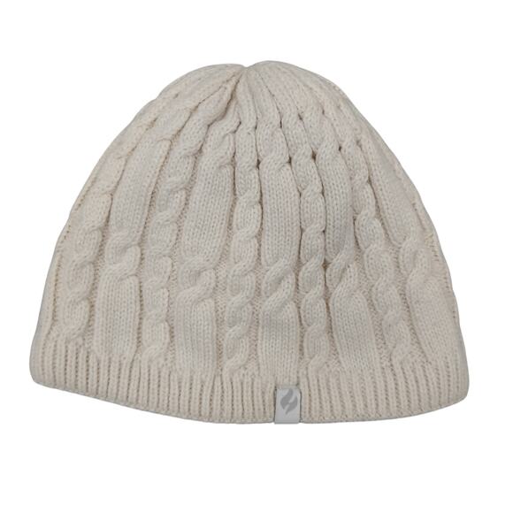 🍒 Heat Holder Cable Knit Beanie Beige with White Sherpa Lined - Picture 1 of 5